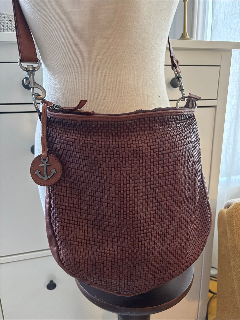 Harbour 2nd Woven Leather Crossbody Bag in Brown with Anchor Charm